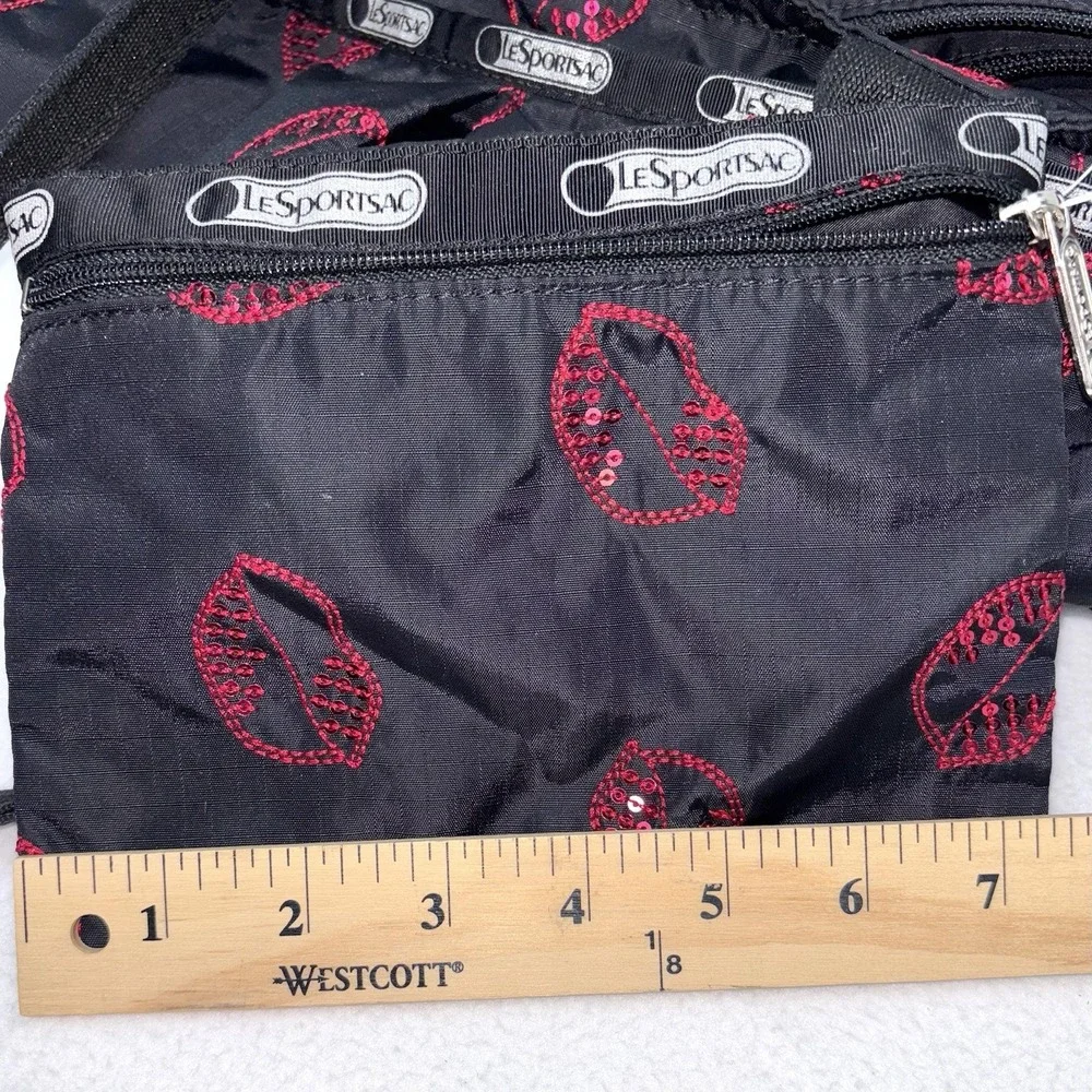 Le Sportsac Sequin Hot Lips Tote & Cosmetic Bag Black Red Pink Lips Nylon RARE